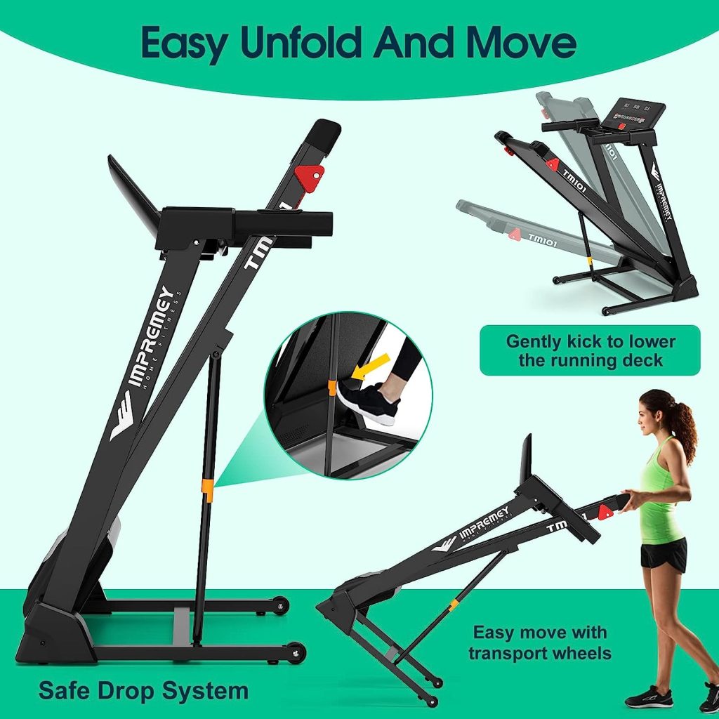 Impremey Folding Treadmill with Incline, Electric Treadmill with 42â x 16â Ultra Large Running Belt, Heart Rate Monitor, Easy Accembly, 64 Preset Programs, 7.5 Mph Speed, Wireless Speaker for Home Gym