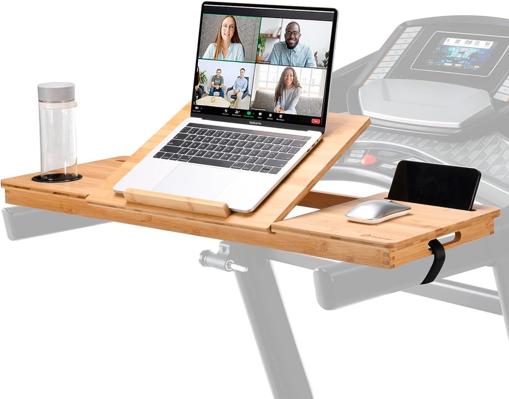 JOSHMAR Treadmill Desk Attachment – Premium Walking Desk Connected with Riser, Cup and Phone Holder. Adjustable Ergonomic Bamboo Treadmill Laptop Holder for Home or Office Workstations.
