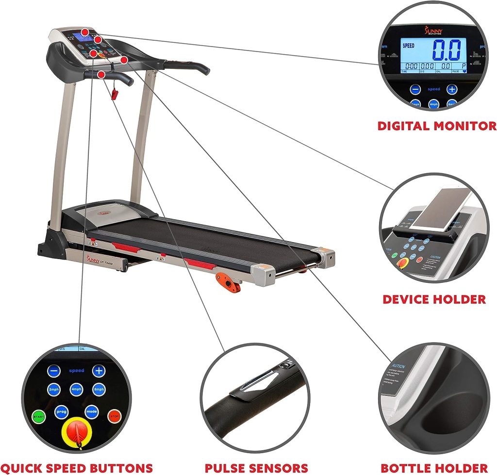 Sunny Health  Fitness Premium Folding Incline Treadmill with Pulse Sensors, One-Touch Speed Buttons, Shock Absorbtion, Optional Bluetooth with Exclusive SunnyFit App